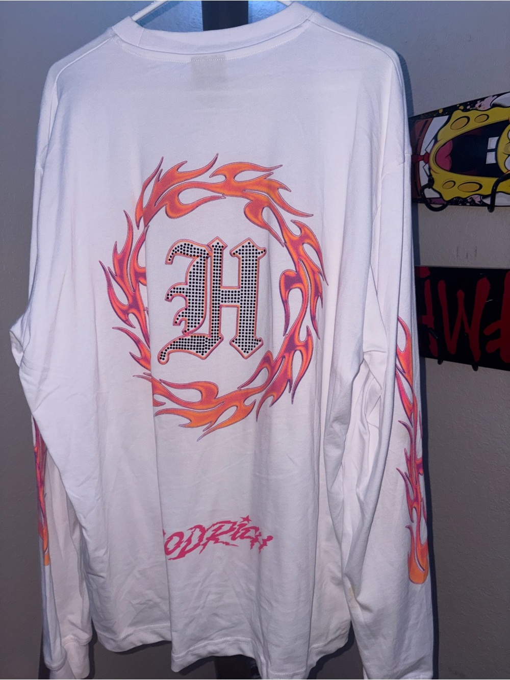 White Long-Sleeve Graphic Shirt with Orange Flame Design